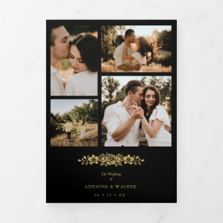 Floral Black Trendy Collage Wedding 7 Photos Tri-Fold Invitation