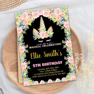 Floral Black Unicorn Birthday Invitations