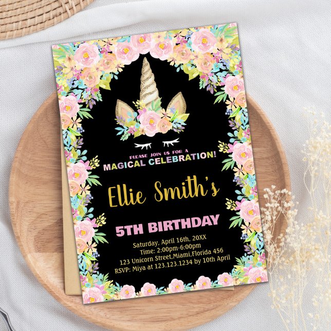Floral Black Unicorn Birthday Invitations (Floral Black Unicorn Birthday Invitations)