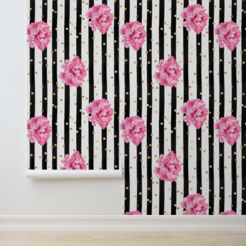 Floral Black Vertical Stripe and Gold Confetti  Wallpaper