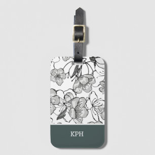 Floral Black, White, and Green with Monogram Luggage Tag