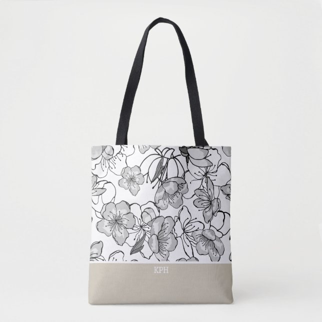 Floral Black, White, and Tan with Monogram Tote Bag (Front)