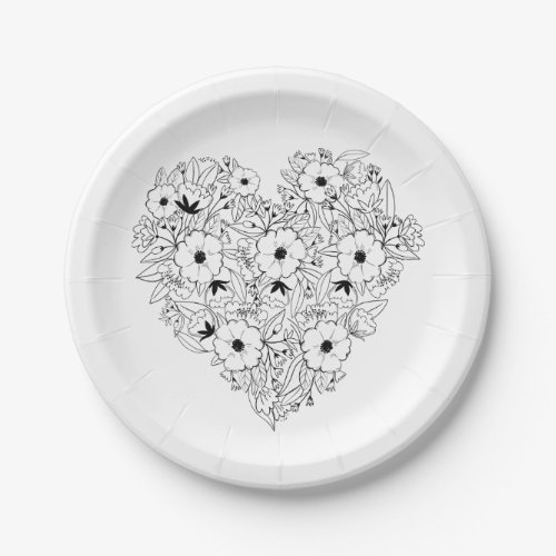 Floral Black White Anemone Heart Flowers Wedding Paper Plates
