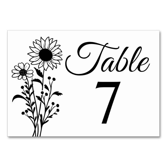 Floral Black & White Boho Sunflower Wedding  Table Number (Front)