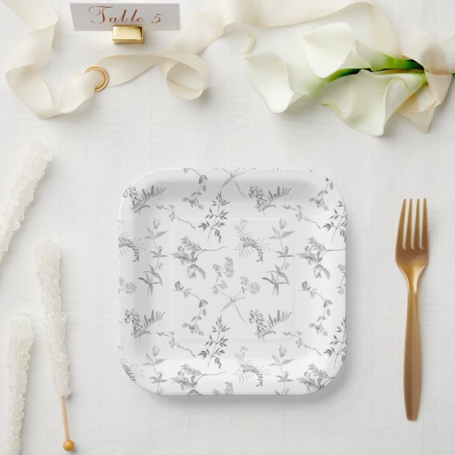 Floral Black & White Botanical Line Art Plate (Wedding)