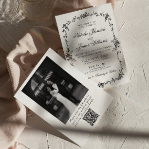 Floral Black White Botanical QR Code Photo Wedding Invitation