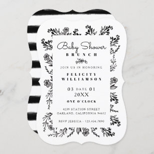 Floral Black & White Botanical Stripe Baby Shower Invitation