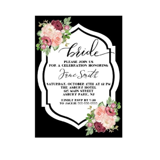 Floral Black & White Bridal Shower Invitation (Black Front)