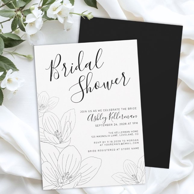 Floral Black White Bridal Shower Invitation (Elegant Floral Black White Bridal Shower Invitation)