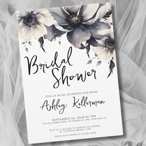 Floral Black White Bridal Shower Invitation