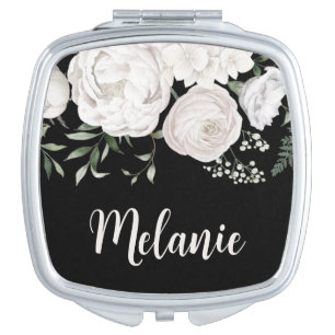 Floral Black White Bridesmaid Survival Kit Name Compact Mirror
