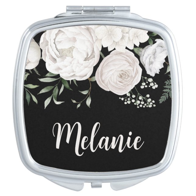 Floral Black White Bridesmaid Survival Kit Name Compact Mirror (Front)