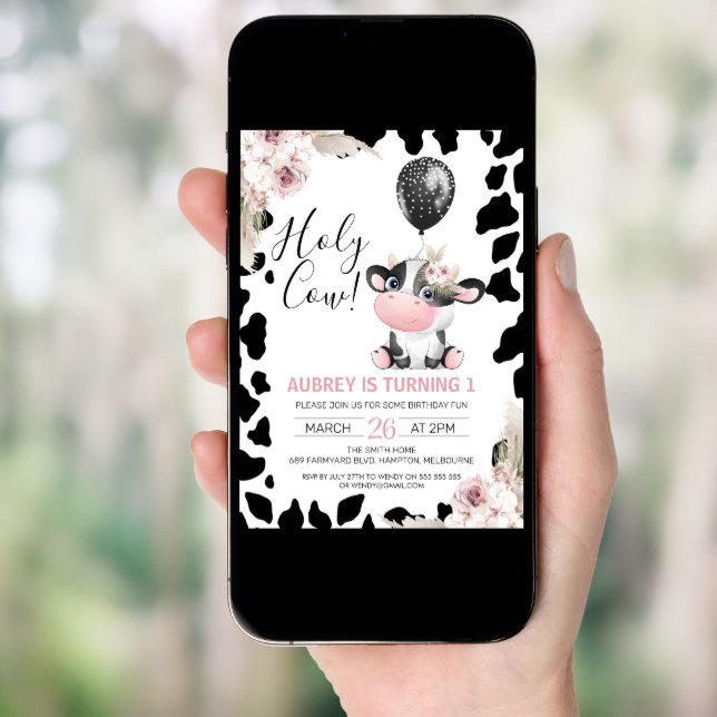 Floral Black White Cow Print Balloon 1st Birthday Invitation (Front Digital)
