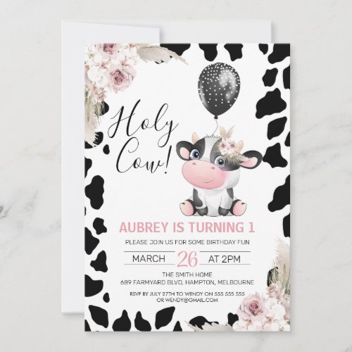 Floral Black White Cow Print Balloon 1st Birthday Invitation