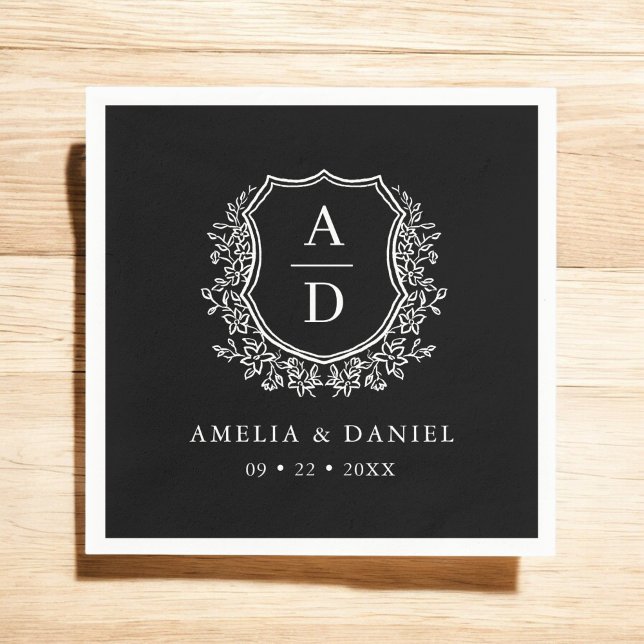 Floral Black White Crest Wedding Monogram Napkins (Creator Uploaded)