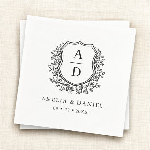 Floral Black White Crest Wedding Monogram Napkins