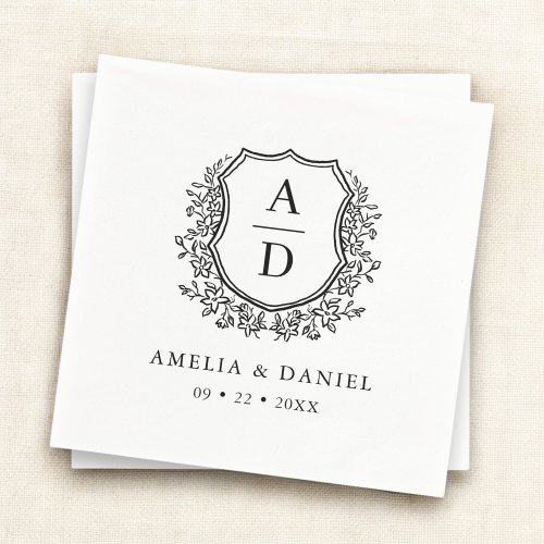 Floral Black White Crest Wedding Monogram Napkins