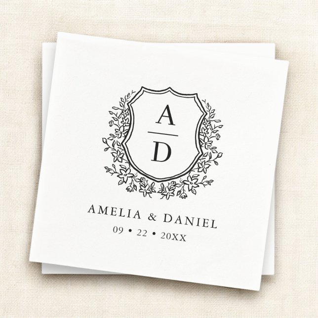 Floral Black White Crest Wedding Monogram Napkins (Creator Uploaded)