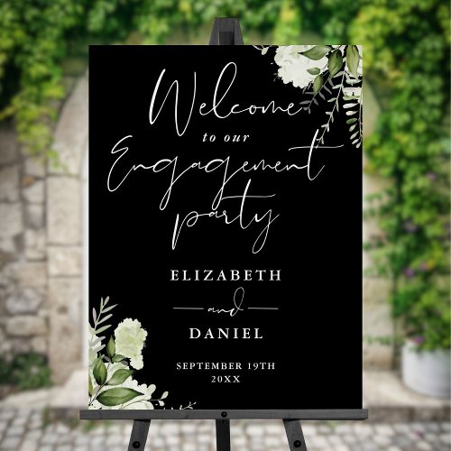 Floral Black White Engagement Party Welcome Sign