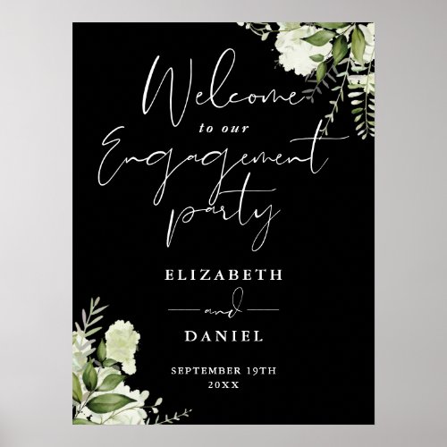 Floral Black White Engagement Party Welcome Sign