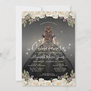 Floral Black White Gold Glam Princess Quinceanera Invitation