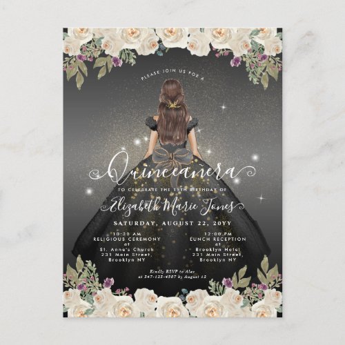Floral Black White Gold Glam Princess Quinceanera Postcard