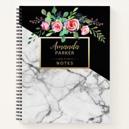 Floral Black White Marble Texture Designer Notes Notebook