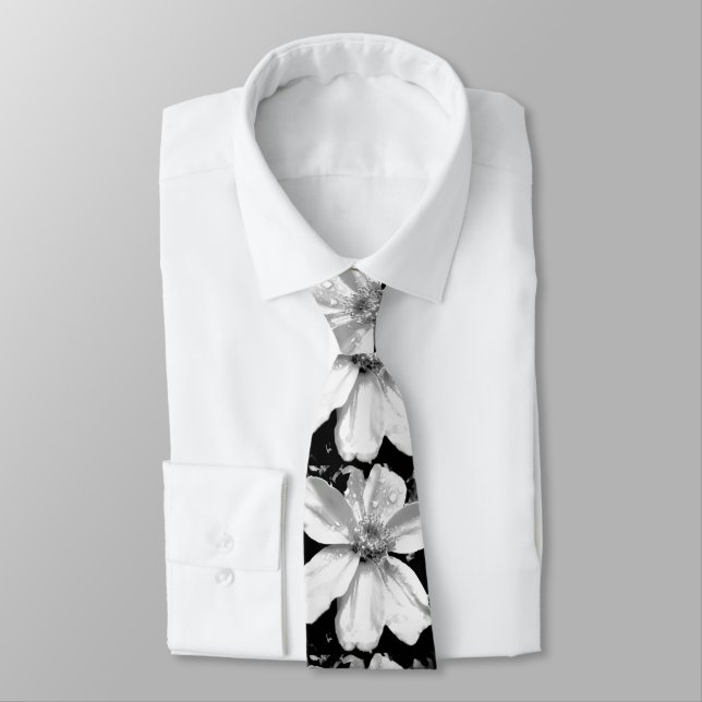 Floral black &white mens tie  (Tied)