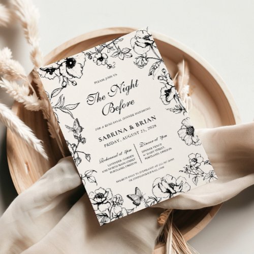 Floral Black White Night Before Rehearsal Dinner Invitation