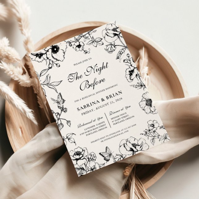 Floral Black White Night Before Rehearsal Dinner Invitation (Creator Uploaded)