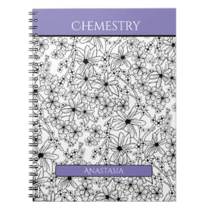 Floral Black White Purple Name School Subject Notebook
