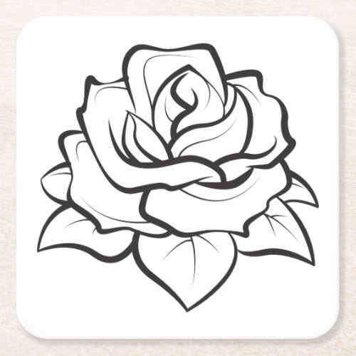 Floral Black  White Rose Flower Wedding Party Square Paper Coaster