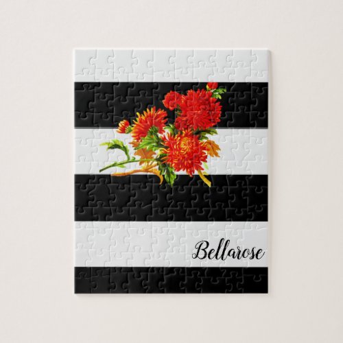 Floral Black White Stripe Jigsaw Puzzle Daisy