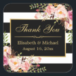 Floral Black White Striped Gold Frame Thank You Square Sticker<br><div class="desc">Floral Black White Striped Gold Frame Thank You Sticker.
(1) For further customization,  please click the "customize further" link and use our design tool to modify this template. 
(2) If you need help or matching items,  please contact me.</div>