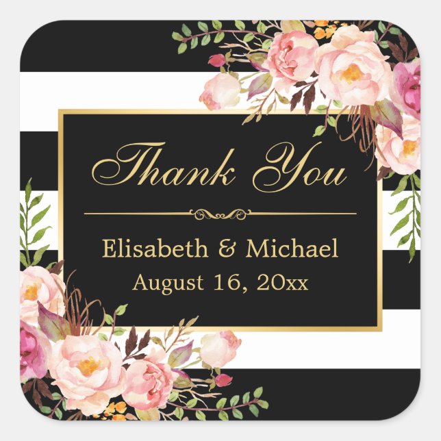 Floral Black White Striped Gold Frame Thank You Square Sticker (Front)