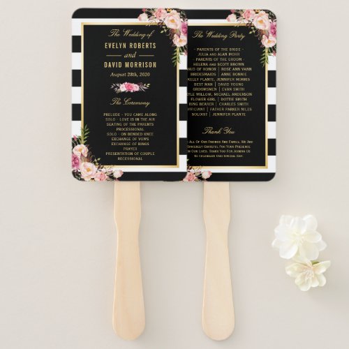 Floral Black White Stripes Classic Wedding Program Hand Fan