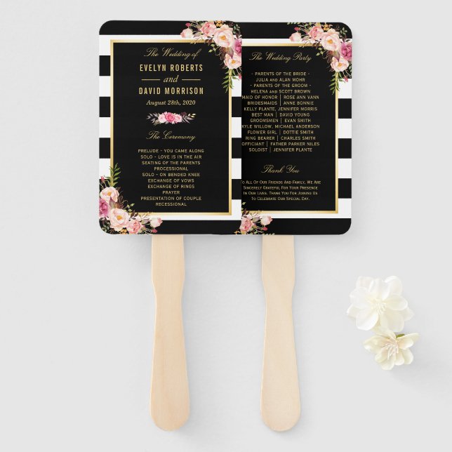 Floral Black White Stripes Classic Wedding Program Hand Fan (Front and Back)