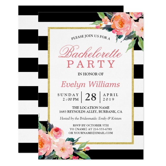 Floral Black White Stripes Gold Bachelorette Party Invitation