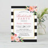 Floral Black White Stripes Gold Bachelorette Party Invitation (Standing Front)