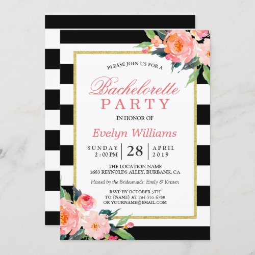 Floral Black White Stripes Gold Bachelorette Party Invitation