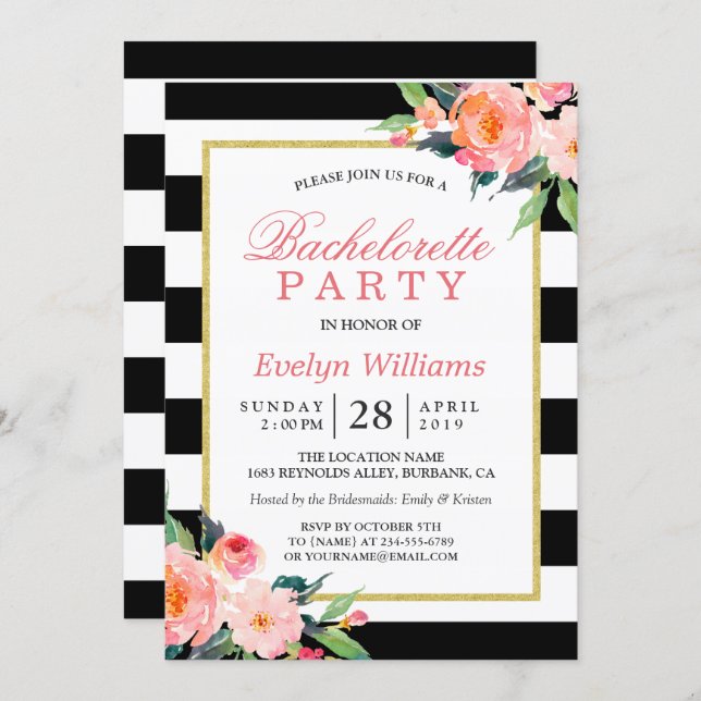 Floral Black White Stripes Gold Bachelorette Party Invitation (Front/Back)