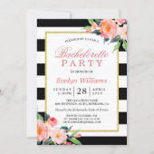 Floral Black White Stripes Gold Bachelorette Party Invitation (Front)