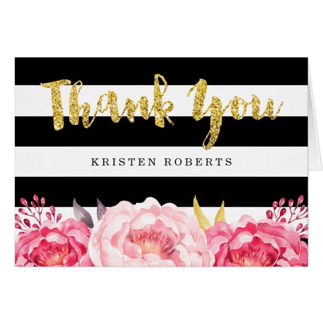 Floral Black White Stripes Gold Glitter Thank You Card