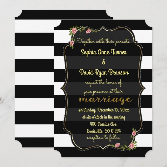 Floral Black White Stripes Gold Wedding Invitation (Front/Back)