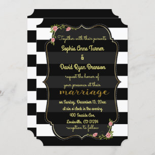 Floral Black White Stripes Gold Wedding Invitation