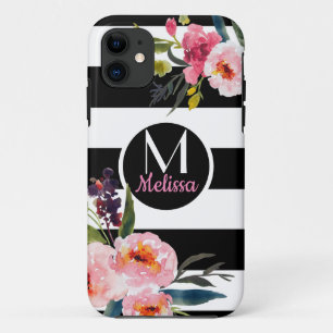 Floral - Black & White Stripes Monogram iPhone 11 Case