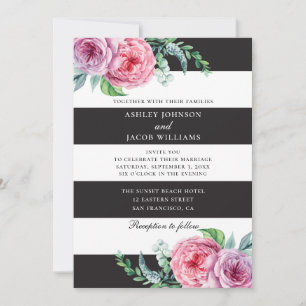 Floral black white stripes. Pink flowers wedding Invitation