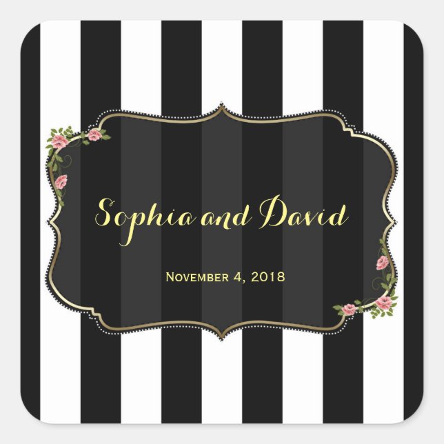 Floral Black White Stripes Wedding Custom Square Sticker (Front)