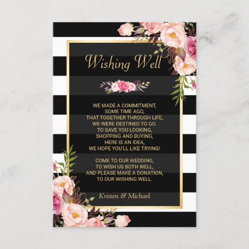 Floral Black White Stripes  Wedding Wishing Well Enclosure Card