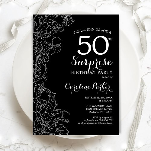 Floral Black White Surprise 50th Birthday Party Invitation